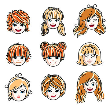 Collection of cute smiling girls faces expressing positive emotions, vector human head illustrations. Set of red-haired and blonde teenage girls with beautiful face features, clipart.