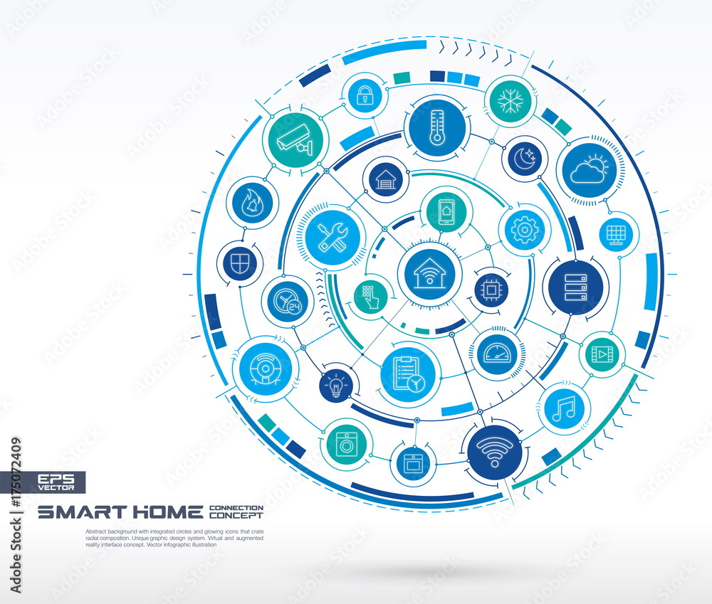 Poster abstract smart home technology background. digital connect system with integrated circles, glowing t