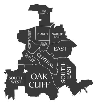 Dallas Texas city map USA labelled black illustration