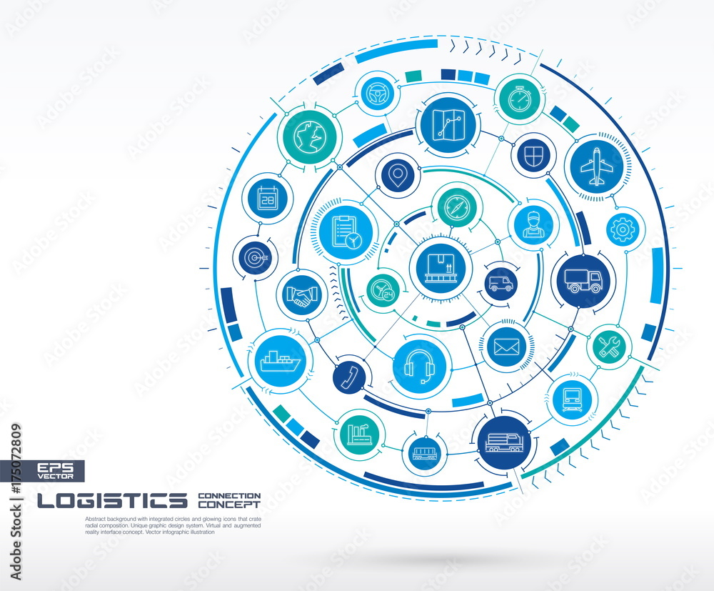 Poster abstract logistic and distribution background. digital connect system with integrated circles, glowi