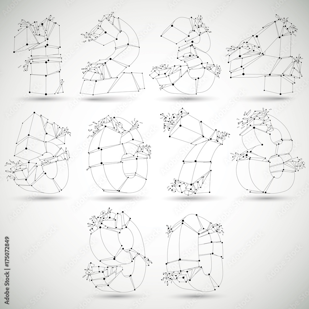 Fototapete abstract 3d faceted monochrome numbers with connected black lines and dots. set of vector low poly s