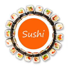 Set of sushi, maki and rolls isolated on white background