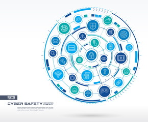 Abstract cyber security background. Digital connect system with integrated circles, glowing thin line icons. Network system group, interface concept. Vector future infographic illustration