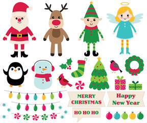 Fototapeta na wymiar Christmas cartoon design elements set (Santa, elf, snowman, angel and more)