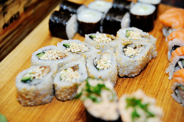 Traditional Japanese sushi on a wooden board