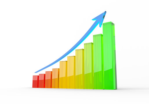 3D Rendering of Increasing Glass Column Graph with an Arrow on Top