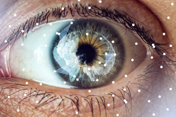 The human eye with the image of the brain in the pupil. Concept of artificial intelligence - obrazy, fototapety, plakaty