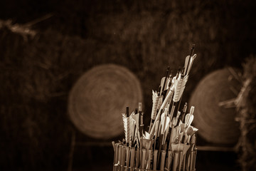Quiver of traditional feathered arrows in front of traditional ancient medieval straw practice...