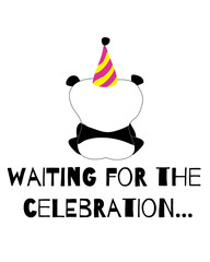 Cute and funny panda is waiting for the elebration card. Doodle hand drawn style.