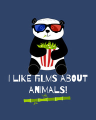 Cute and funny panda with 3d glasses ans bamboo popcorn is wathing cinema card. Doodle hand drawn style. © satika
