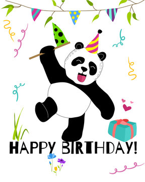 Cute and funny panda celebrates birthday card. Doodle hand drawn style.