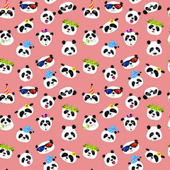 Cute and funny heads of pandas. Pink background.