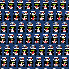 Cute panda watches cinema with 3d glasses and popcorn. Dark blue background. Seamless pattern. © satika