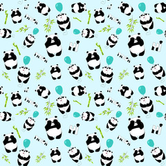 Fototapeta premium Cute pandas with baloon and bamboo on the blue background. Seamless pattern.