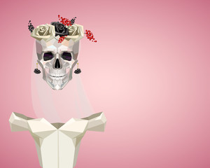 Skeleton of bride with white dress, flower wreath and veil in low poly style.