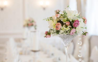 Close up of a wedding table decoration with copy space