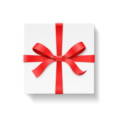 Square gift box with red color bow knot and ribbon isolated on white background. Happy birthday, Christmas, New Year, Wedding or Valentine Day package concept. Closeup Vector illustration 3d top view