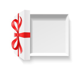 Empty open gift box with red color bow knot, ribbon isolated on white background. Happy birthday, Christmas, New Year, Wedding or Valentine Day package concept. Closeup Vector illustration 3d top view - 175075857