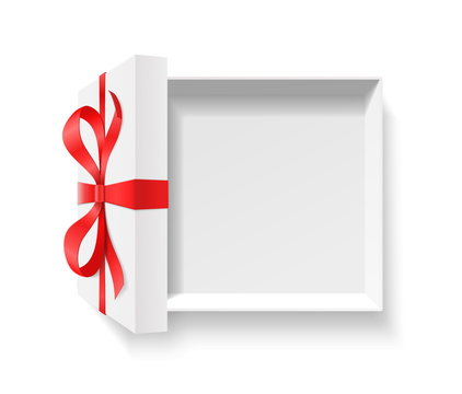 Empty open gift box with red color bow knot, ribbon isolated on white background. Happy birthday, Christmas, New Year, Wedding or Valentine Day package concept. Closeup Vector illustration 3d top view