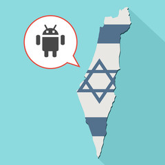 Animation of a long shadow Israel map with its flag and a comic balloon with a android operating system symbol