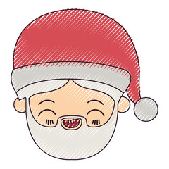 santa claus man kawaii face eyes closed and smiling expression with hat on color crayon silhouette on white background