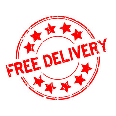 Grunge red free delivery with star icon round rubber seal stamp on white background