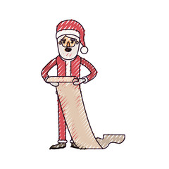 santa claus caricature full body holding a gift list in paper with hat and costume on color crayon silhouette on white background