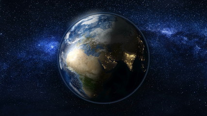 Planet Earth in black and blue Universe of stars. Milky Way in the background. Day and night city lights changes. Africa and Asia zone. 3D Animation. Elements of this image furnished by NASA