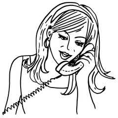 Calling girl. Vintage style sketch with pretty girl talking on old phone. Retro telephone. News, speaking. Design for advertising, banners, cards, posters, prints, coloring book, articles, magazines.