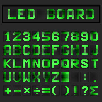 Green LED digital english uppercase font, number and mathematics symbol display on black background