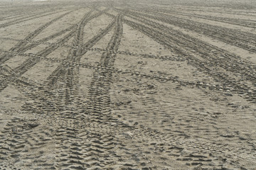 Naklejka premium tire tracks on the sand of the beach 