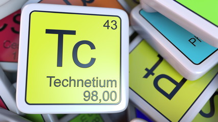 Technetium Tc block on the pile of periodic table of the chemical elements blocks. Chemistry related 3D rendering