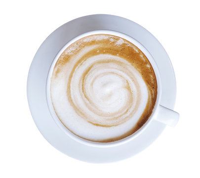 Top view of hot coffee latte cappuccino cup with spiral milk foam isolated on white background, clipping path included.