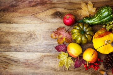 Thanksgiving background with green and yellow squash, copy space