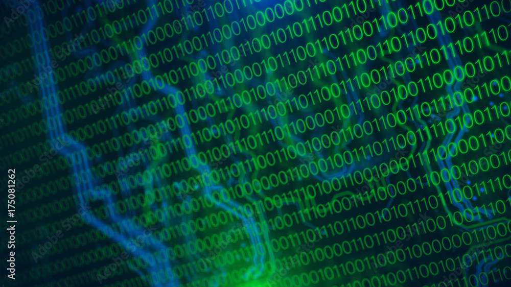 Poster technology background. circuit board futuristic server code processing. pcb, code, html. blue, green