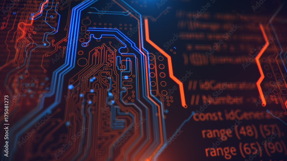 Poster technology terminal background. orange, yellow, blue, background with digital integrated network tec