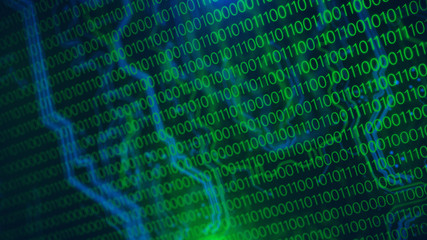 Technology background. Circuit board futuristic server code processing. PCB, Code, HTML. Blue, green background with digital integrated network technology. Printed circuit board.