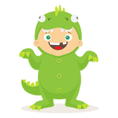 Halloween suit for kid. Vector cartoon little boy wearing dragon funny suit.