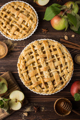apple pie and ingredients on wooden background