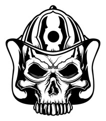 Monochrome illustration of skull at firefighter's helmet isolated on white background