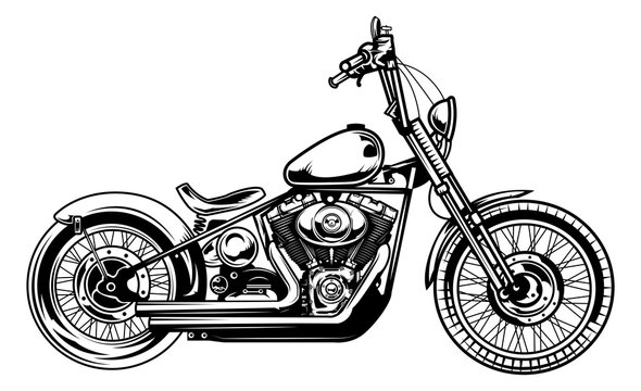 Monochrome illustration of classic motorcycle isolated on white background