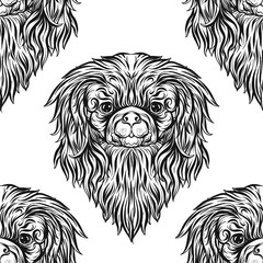 Seamless pattern with black and white graphic drawing of a dog head.