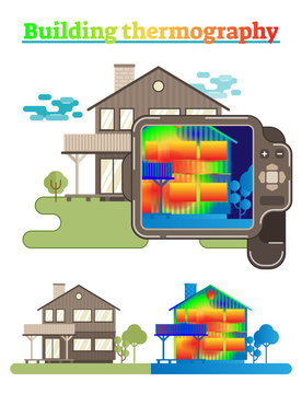 Building thermography illustration. 
Illustrated house showing thermography scanning process in buildings 