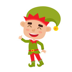 Cute little Christmas boy elf smiling, vector illustration isolated on white