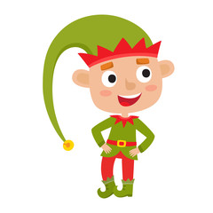 Cute little Christmas boy elf smiling, vector illustration isolated on white