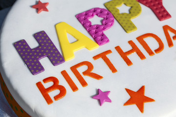 Close up of a birthday cake with Happy birthday in icing 