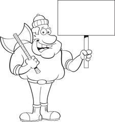 Black and white illustration of a lumberjack holding a sign.