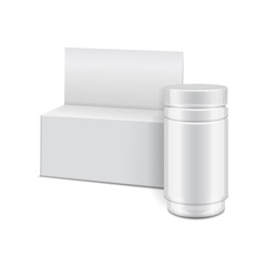 Template of white plastic bottle with screw cap and cartoon box for medicine, pills, tabs. Vector packaging mock up illustration