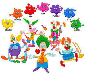 basic colors educational page with clowns