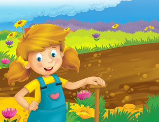 Obraz na płótnie Canvas cartoon scene with happy girl working on the farm - standing and smiling / illustration for children